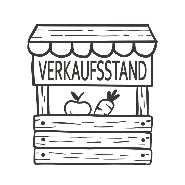 Verkaufsstand für regionales Obst und Gemüse Verkaufsstand mit Äpfeln und Karotten, im skizzenhaften Stil dargestellt.